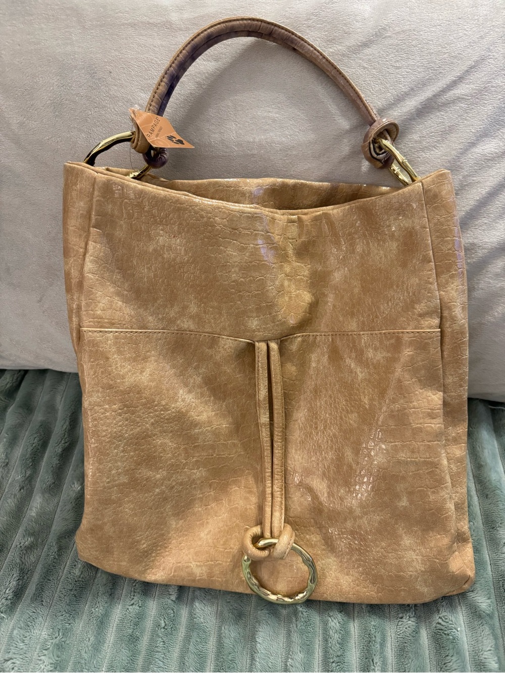 Women’s Tan Shoulder Bag with Gold Ring Accent